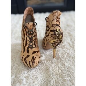 Sam‎ Edelman Leopard Print Pony Hair Lace Up Ankle Booties Gold Detail
